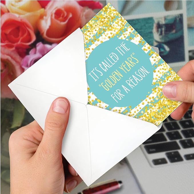 NobleWorks - Funny Happy Birthday Note Card with Envelope (4.63 x 6.75 Inch) - Bday Greeting Card for Women and Men - Congrats Bday Celebration Notecard - Golden Spelling C9570BDG