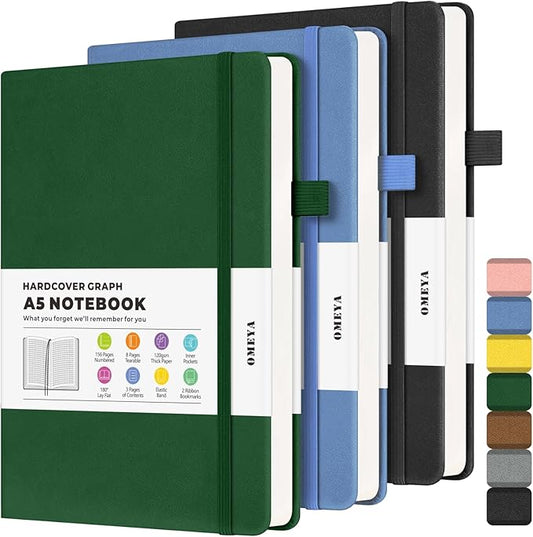 Graph Paper Notebook 3 Pack, A5 Grid Notebook Journal, Graph Notebook with 120gsm Paper, Hardcover Leather Journal for Writing, Grid Paper Notebook for Work, School Supplies, Engineering,5.75" x 8.38"