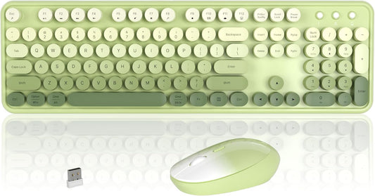 Colorful Wireless Keyboard and Mouse Combo, COVEVA 2.4GHz Wireless Retro Cute Round Keycaps Keyboard, 104 Keys Full-Sized Keyboard Mouse Set with Switch Button for PC Laptop Desktop (Green Gradient)