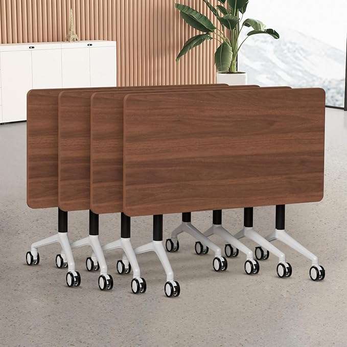 Folding Conference Table, Modern Large Conference Room Tables with Flip-Top Design, Foldable Conference Table Meeting Table with Wheels, Mobile Seminar Training Tables for Office Classroom (4, Brown)