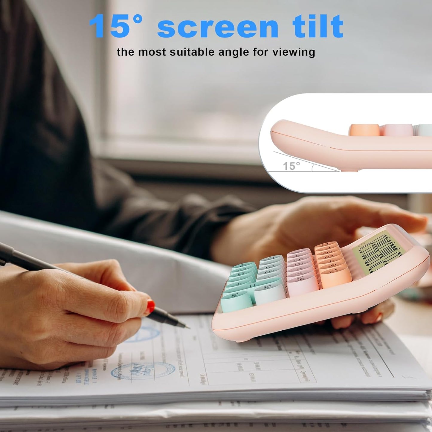 Mechanical Calculator 12 Digit Extra Large 5-Inch LCD Display, DECKLIT Battery Desk Calculator, Big Buttons Easy to Press Office Calculators Desktop, 15°Tilt Screen for Kids Calculator(Green&Pink)