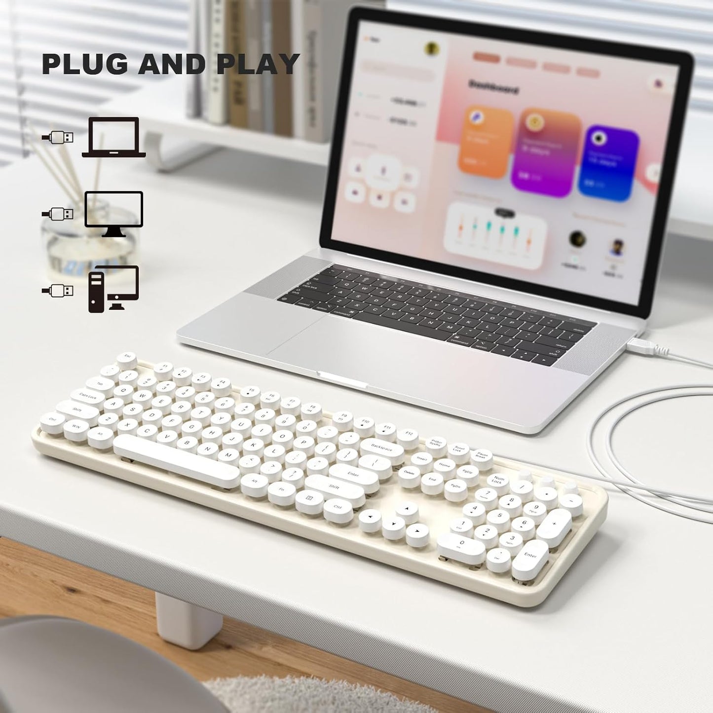 USB Wired Computer Keyboard - Retro Typewriter Keyboard - Full Size Keyboard with Number Pad for PC Laptop Desktop Windows (Creamy White)