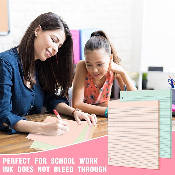 PerKoop 12 Pack 600 Sheets Colored Lined Paper Bulk Wide Ruled 8 x 10.5 Inches, Pastel Loose Leaf Notebook Paper 3 Hole Punched Filler for Back School Classroom Supplies(Light Color)