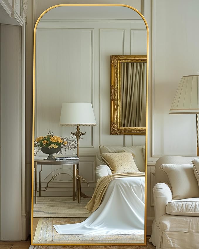 Antok Full Length Mirror, 71"x32" Floor Mirror Freestanding, Arched Floor Standing Large Mirror Full Body Mirrors with Stand for Bedroom, Hanging Mounted Mirrors for Living Room, Gold