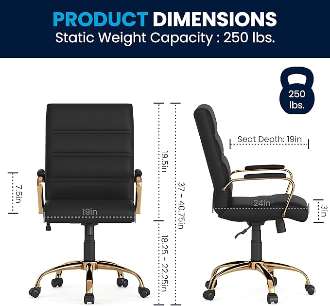 Flash Furniture Whitney Mid-Back Swivel LeatherSoft Desk Chair with Wheels, Padded Seat and Armrests, Adjustable Height Padded Office Chair, Black