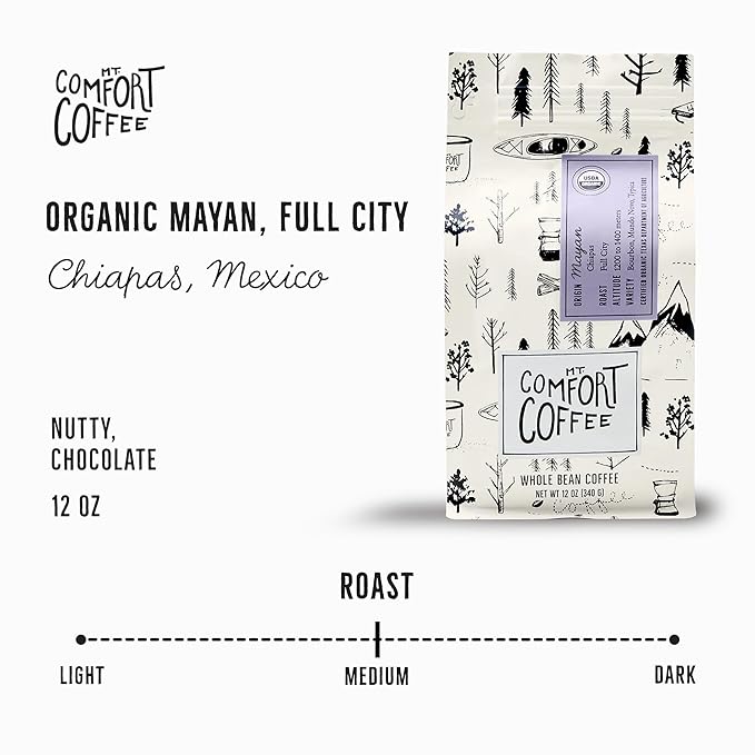 Mt. Comfort Coffee Organic Mayan Whole Bean Coffee, 12oz – Full City Roast with Nutty & Chocolate Notes – Sustainably Sourced from Small Mexican Farms