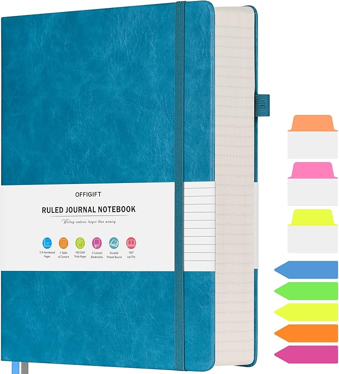 Lined Journal Notebook, Large A5 College Ruled Notebook, 312 Numbered Pages Work Notebook with Index Stickers, 100gsm Thick Paper, Hardcover Vegan Leather Journal for Women Men School Office, Blue