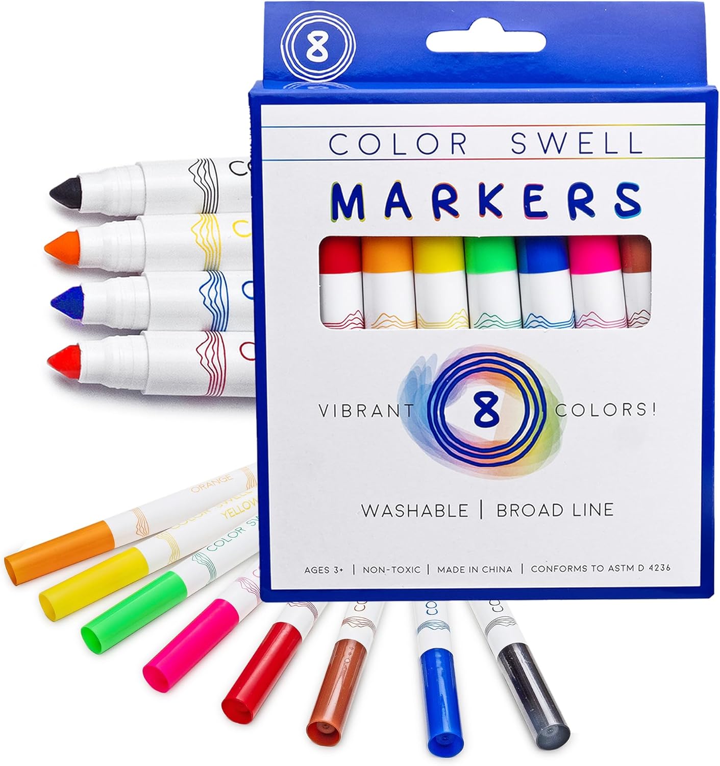 Color Swell 8-Pack Broad Line Markers – Washable, Non-Toxic, Ideal for Kids, Students, Adults, and Classroom Activities
