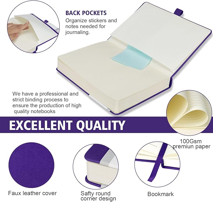 Lined Journal Notebook, 360 Numbered Pages(With page number), Thick Journal for Writing A5 College Ruled Notebook, 100gsm Lined Paper, Leather Hardcover, 5.75'' X 8.38''-1 Pack, Purple