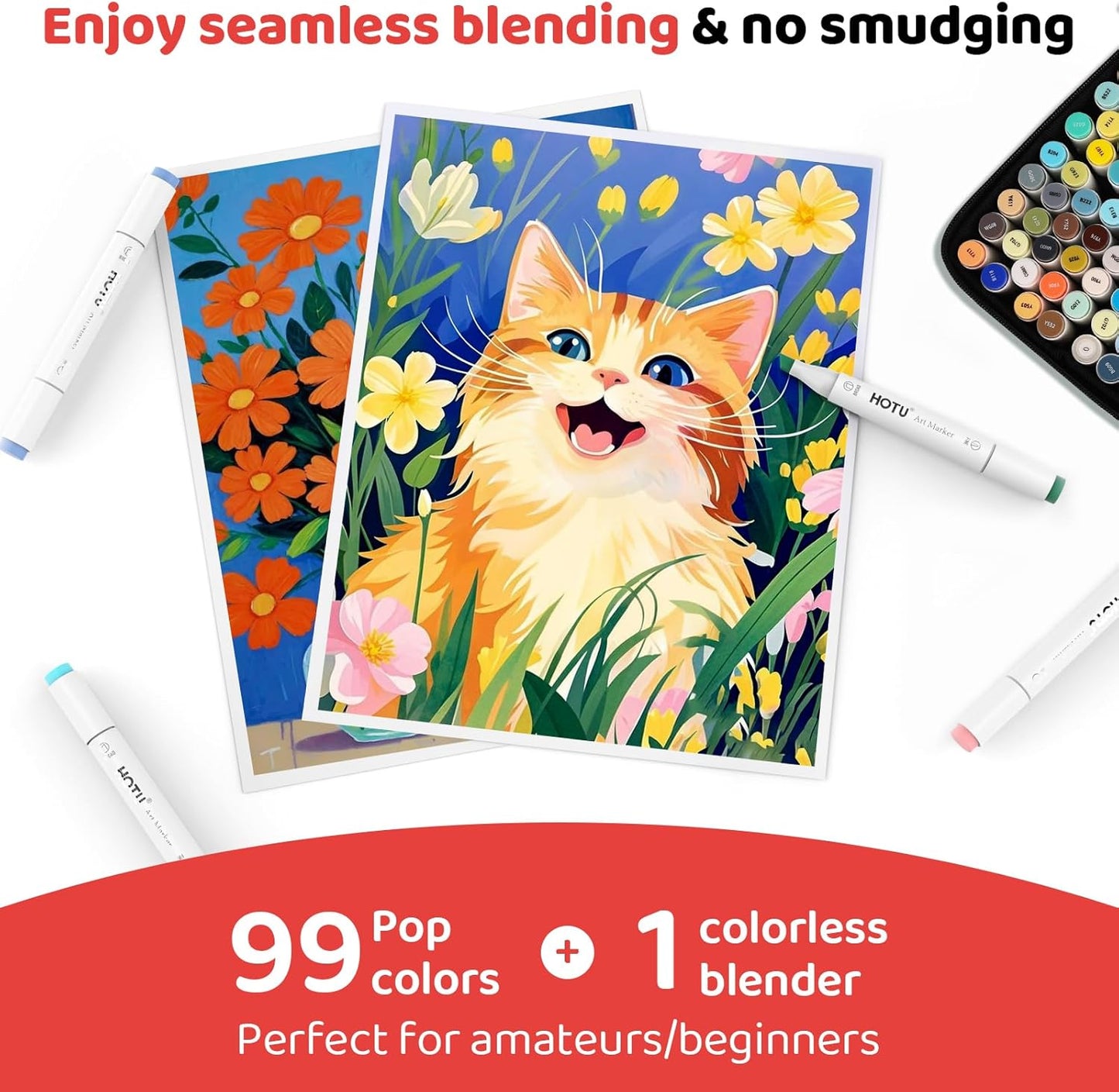 Alcohol Markers, 100 Colors Dual Tips, Coloring Art Marker Set for Adults Kids, Alcohol Based Markers for Permanent, Sketching, Drawing with Non-Blending Pad(Chisel & Fine)