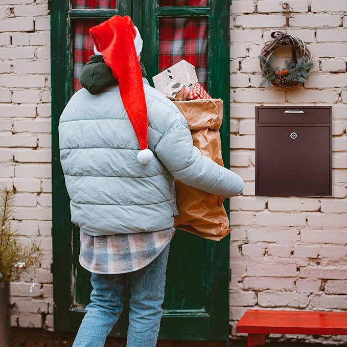 Locking Mailbox with Key for Outdoor 12 x 10.5 x 4.7 Inches Large Wall Mount Mail Box with Lock Security Mail Drop Metal Collection Boxes Hanging Secure Postbox(Brown)