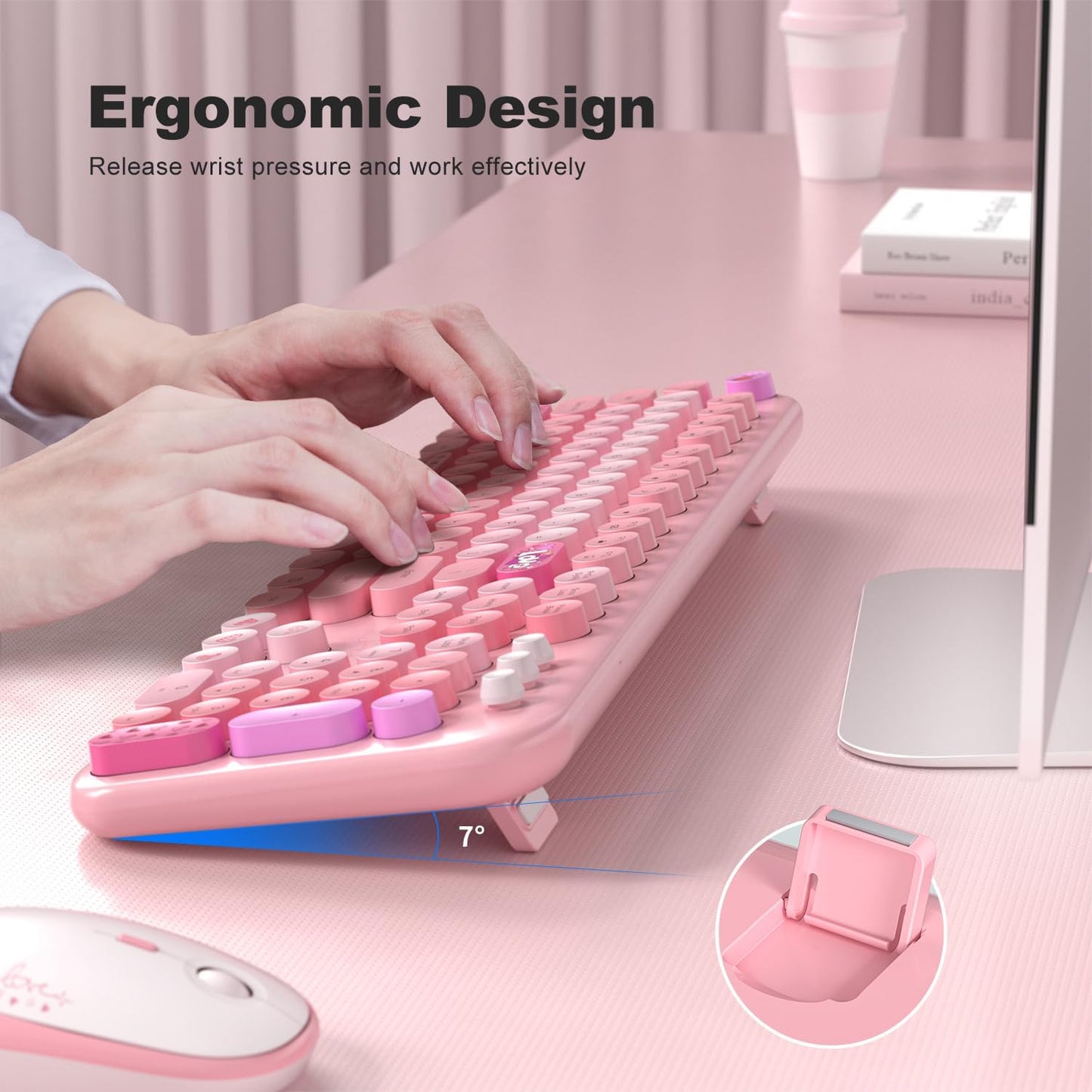 MOFII Wireless Keyboard and Mouse Combo, Cute Keyboard Full Size and Wireless Mouse, 2.4GHz Retro Typewriter Keyboard Wireless Mouse Set for PC/Desktop/Laptop/Windows (Pink Colorful)