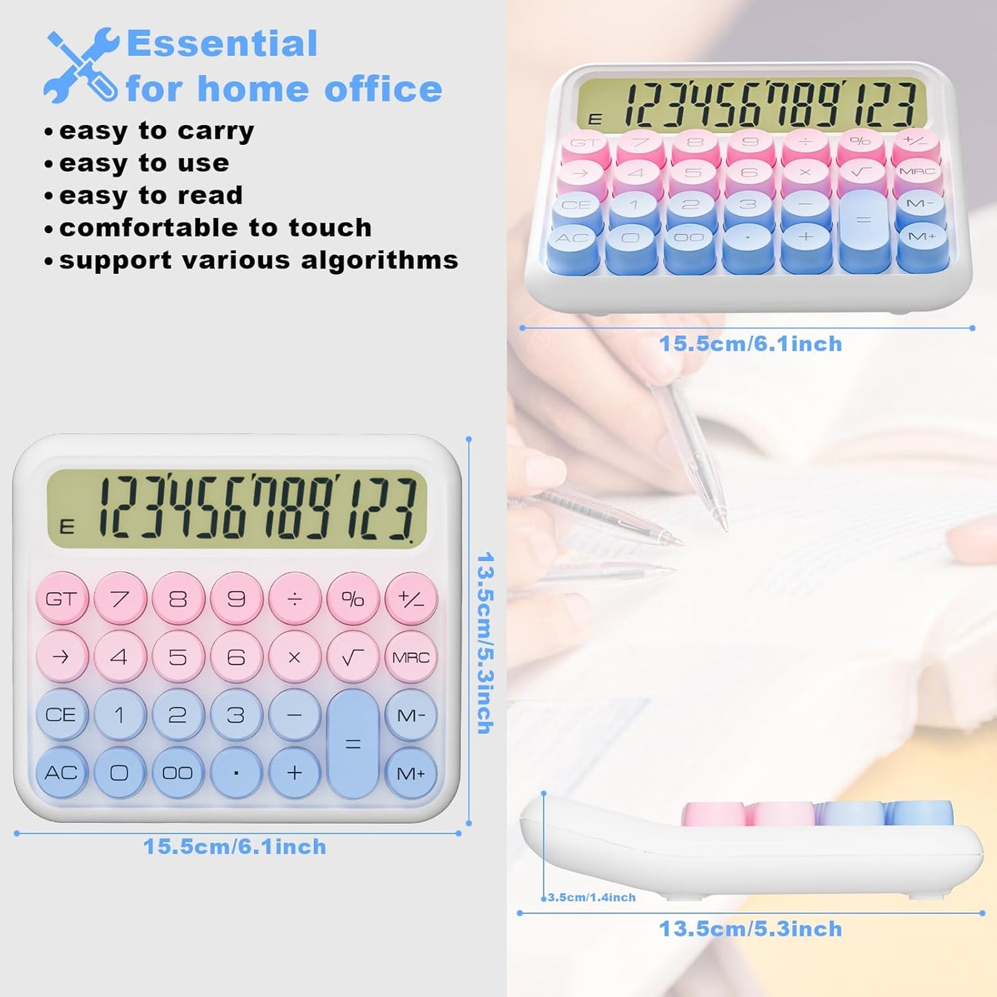 Mechanical Calculator 12 Digit Extra Large 5-Inch LCD Display, DECKLIT Battery Desk Calculator, Big Buttons Easy to Press Office Calculators Desktop, 15°Tilt Screen for Kids Calculator(Blue&Pink)