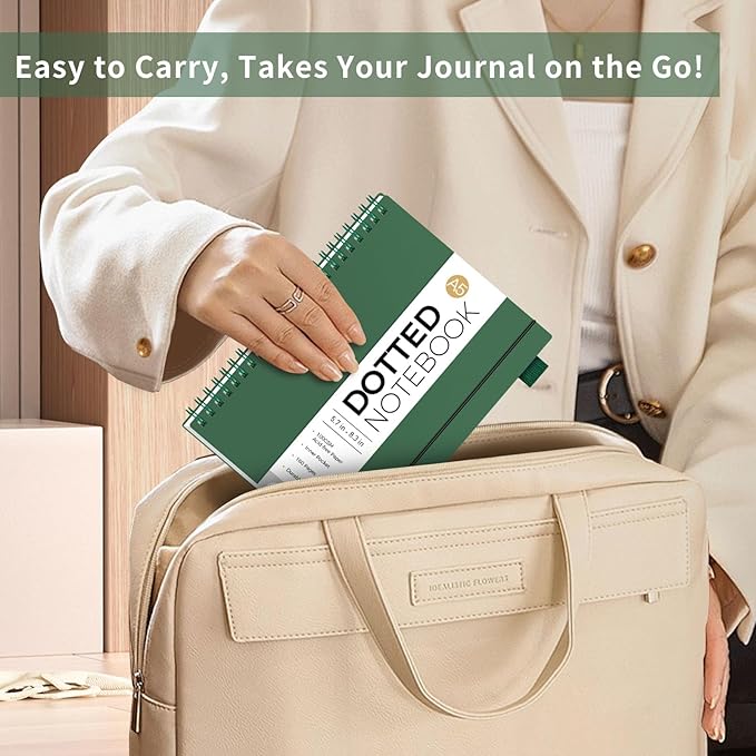 AHGXG Bullet Dotted Journal - Dot Grid Spiral Notebook A5, 160 Pages, 100 GSM Thick Paper, Waterproof Plastic Cover Journals for Bullet Journaling, Sketching, 5.7" x 8.3", Green