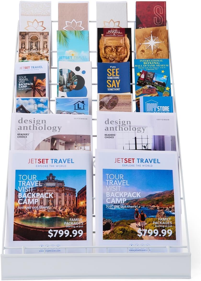 Displays2go Wire Magazine Rack with 6 Open Tiers, Holds Both Magazines and Brochures, Includes Sign Channel at the Front - White Wire