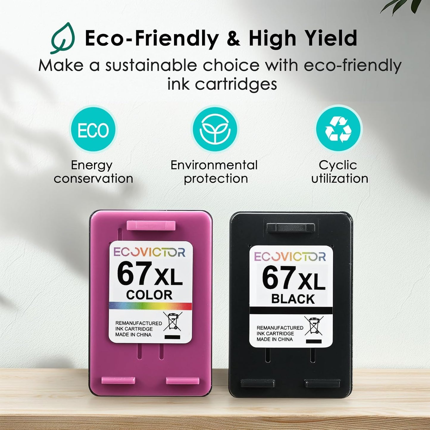 EcoVictor Remanufactured 67XL Ink Cartridge Replacement for HP Ink 67 XL HP67XL Black and Color Combo 2 Pack for DeskJet 4155e 2755e 2700 2700e 4100 4100e 2320 Envy 6000 6055 6400 6055e 6455e Printer