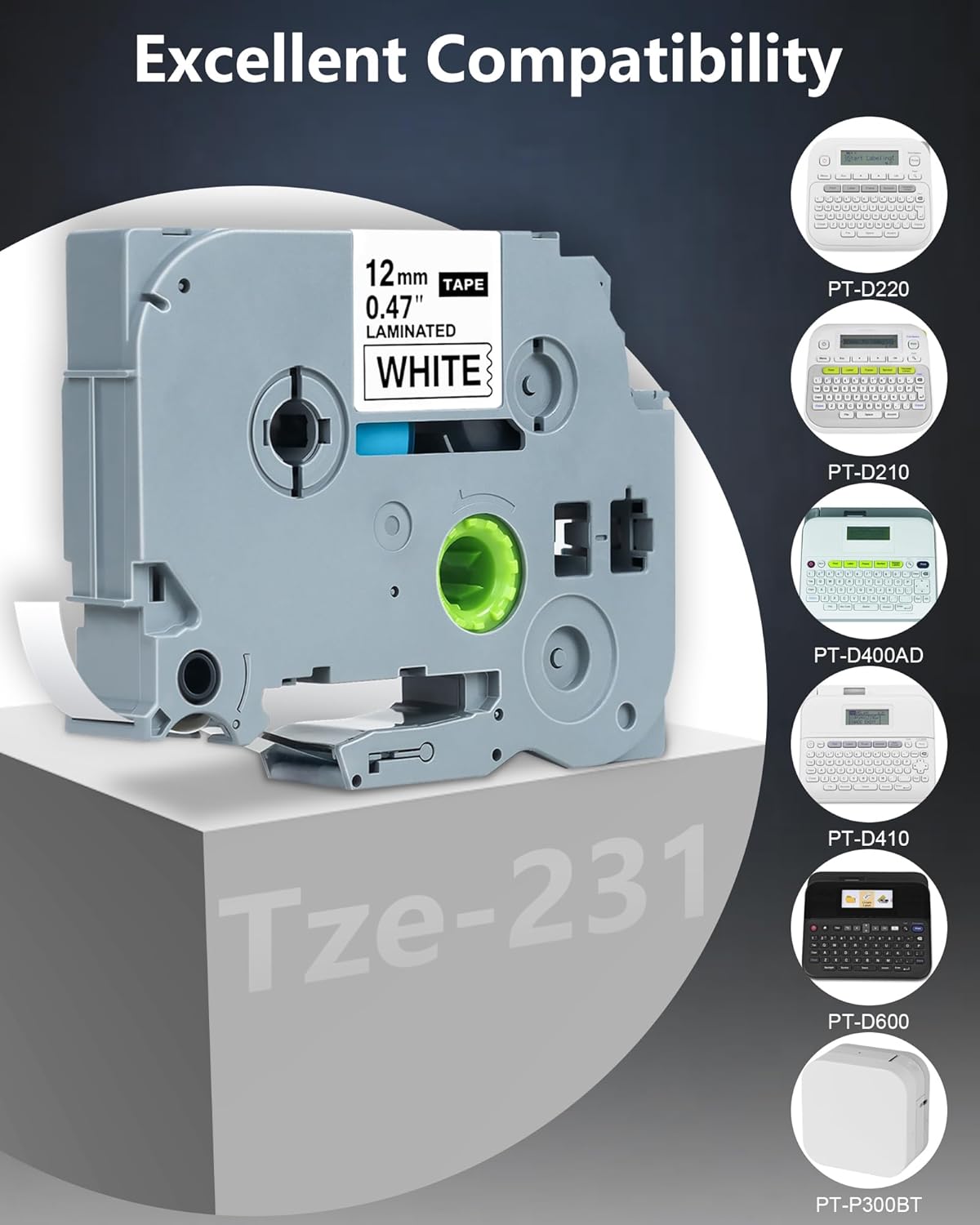 Replacement for Brother Label Maker Tape, P-Touch Label Tape, Tz 231 Tape 12mm 0.47 Laminated Black on White, Compatible with Brother PT-D210 H110 D220 D400 D410 D600, 8-Pack