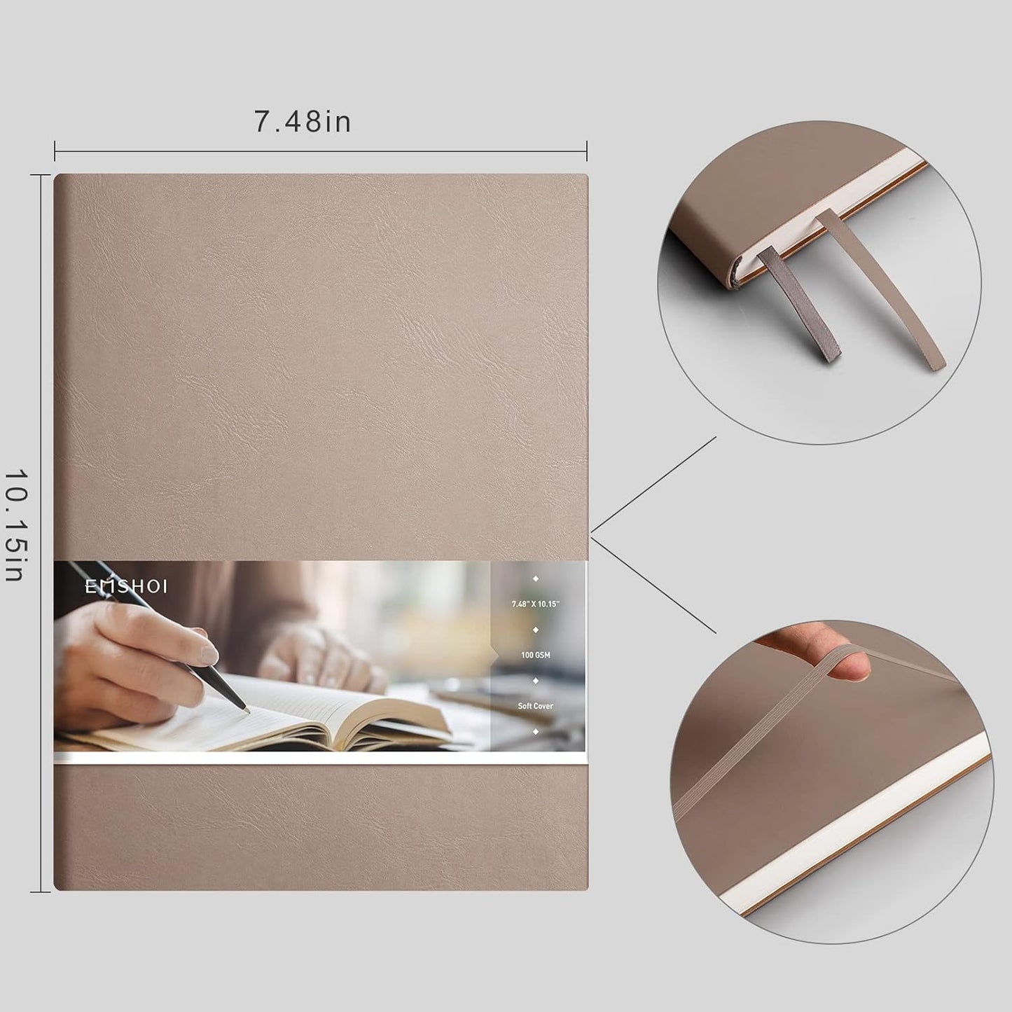 EMSHOI Dotted Journal Bullet Notebook,192 Numbered Pages B5 Large Dot Grid Composition Notebook with 100gsm Thick Dotted Paper, Softcover Leather, Inner Pocket, 7.48"x10.15"-Khaki