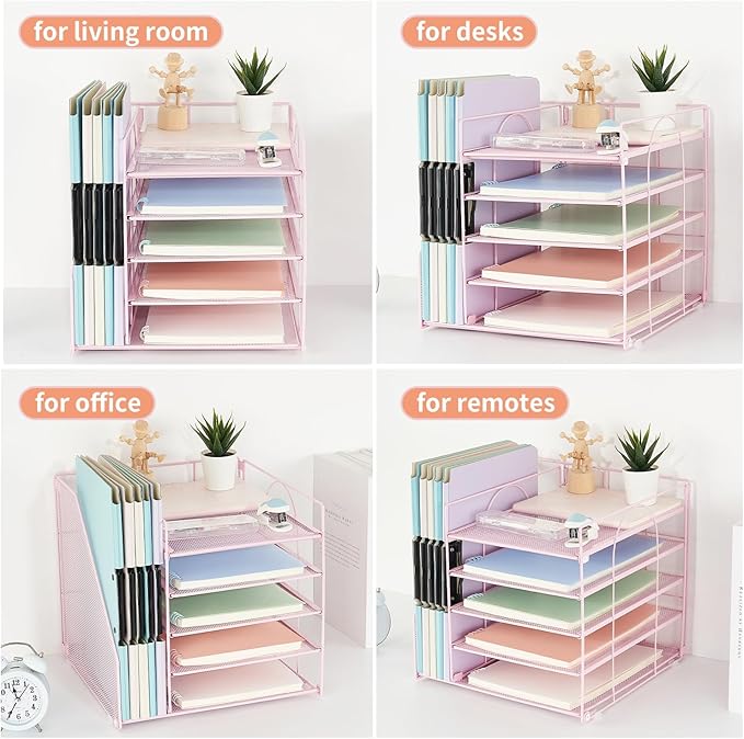 AUPSEN Desk File Organizer, 5-Tier Paper Letter Tray with File Holder Multifunction Office Supplies and Accessories for Office School Home (Pink)