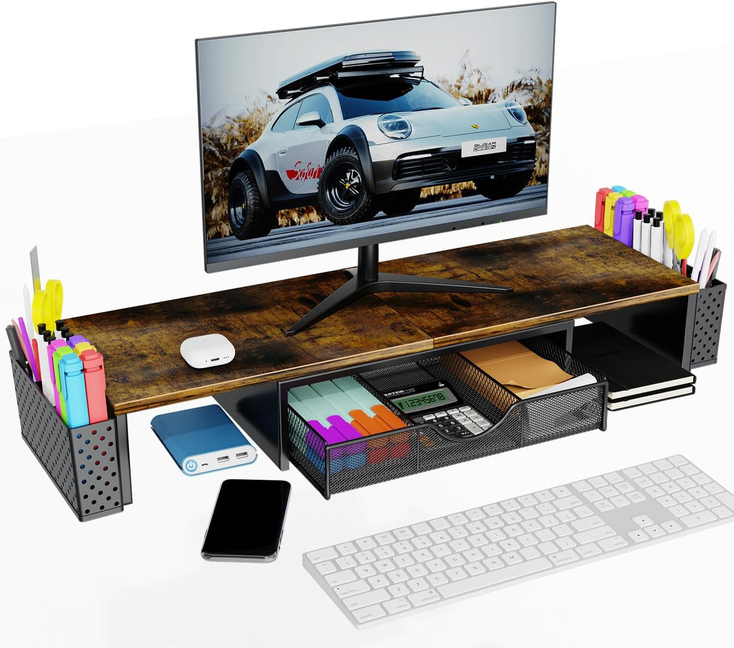 Spacrea Metal Desk Organizers and Accessories, Dual Monitor Stand Riser with Drawer and 2 Pen Holders, Desk Accessories & Workspace Desktop Organizers for Office Supplies (Wood)