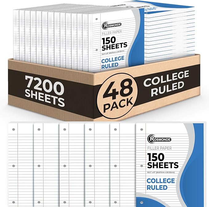 Loose Leaf Paper Bulk, 7200 Sheets, 48 Pack, College Ruled Sheets, 8 x 10.5", 150 Sheets/Pack, 3 Hole Punch, Bulk Notebook Paper, Filler Sheets, Fits Standard Binders, Fights Ink Bleed, White