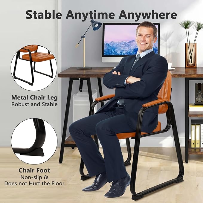 CLATINA Office Guest Chair, Leather Reception Chairs with Padded Arms, Desk Chair No Wheels Stationary for Conference Lobby Waiting Room Training Side Elderly, Set of 2-Orange