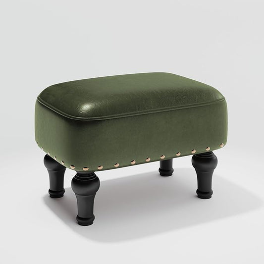 Ottoman Leather Foot Rest with Thicker Foam Padded Seat, Footstool with Wooden Legs (Green)