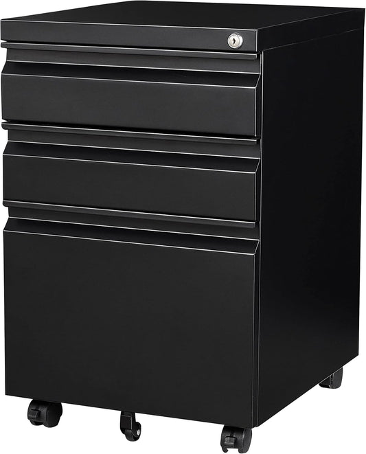 SISESOL 3 Drawer Mobile File Cabinet with Lock,Black Under Desk File Cabinets with Wheels,Rolling Metal Filing Cabinet for Home Office,Fit Legal/Letter/a4 File,Fully Assembled Except Caster