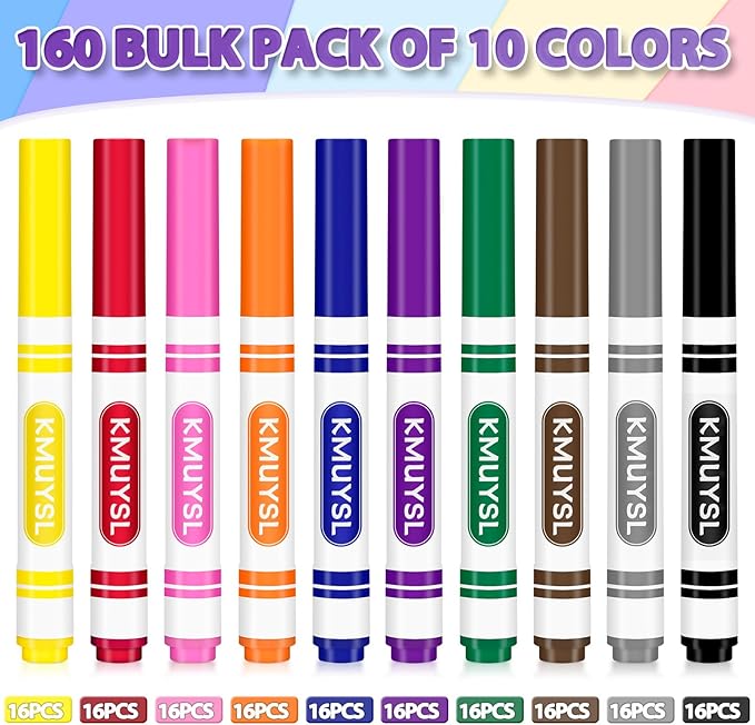 KMUYSL 160 Count Washable Markers Bulk, 10 Assorted Colors - Broad Line Conical Tip Coloring Markers for Kids, School Art Supplies & Back to School Supplies, Teacher Classroom Must Haves