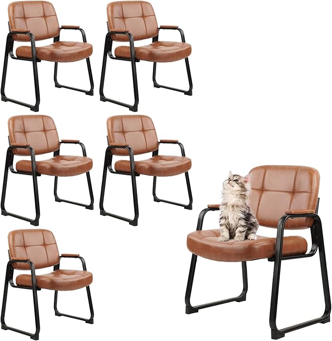 CLATINA Big & Tall 500 lb Waiting Room Chairs with Padded Armrests and Sled Base, Leather Stationary No Wheels Office Guest Chair for Reception Lobby Home and Meeting Conference, Brown （6 Pack）