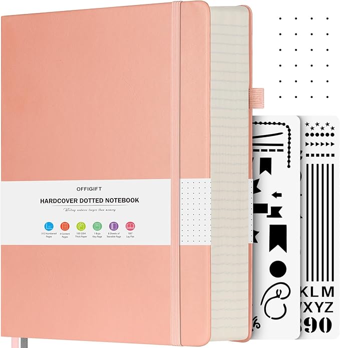 Dotted Journal Notebook, 312 Numbered Pages Large B5 Hardcover Leather Notebook, 100gsm No Bleed Paper Dot Grid Notebook with Index Pages, Dot Journal for Women Men, 7.6'' X 10'', Pink