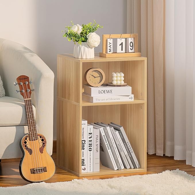 LEYAOYAO 2 Cube Bookshelf,Natural Record Player Stand Holds up to 100 Albums, Mini Wood Book Shelf Storage Organizer,Turntable Stand with Vinyl Storage Cabinet, Narrow Open Bookcase for Small Spaces