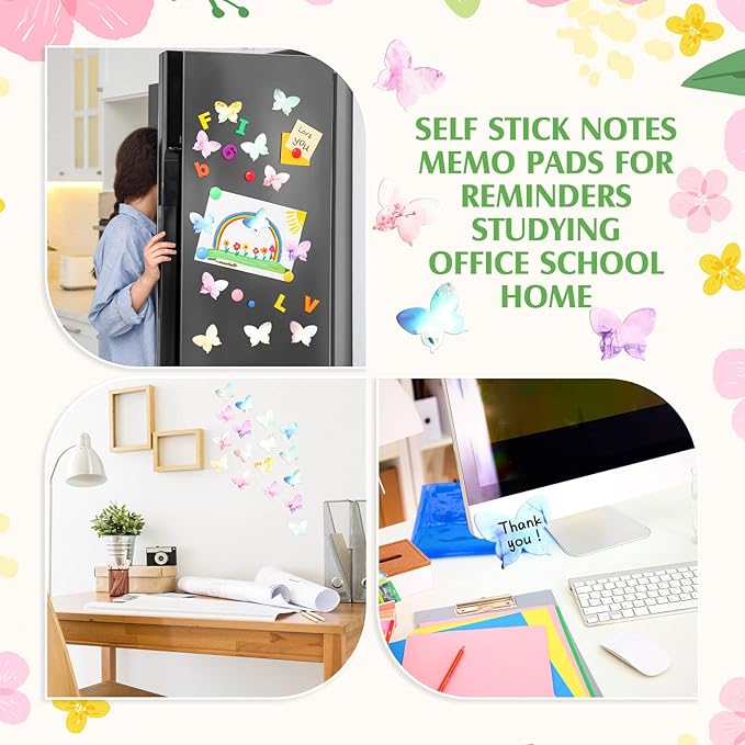 Breling 360 Pieces Sticky Notes Cute Butterfly Shaped Self-Sticky Notes Colored Watercolor Sticky Note Memo Pads for Reminders Studying School Home Family Office Supplies