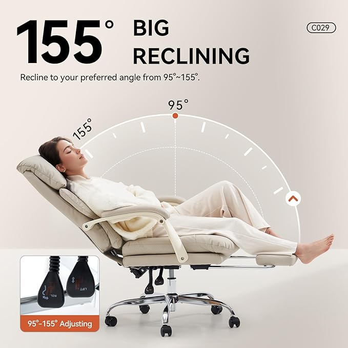 EMIAH Genuine Leather Office Chair with Foot Rest, Reclining Ergonomic Executive Office Chair with Arms, High Back Comfy Swivel Computer Desk Chairs with Wheels and Lumbar Support for Home, Beige