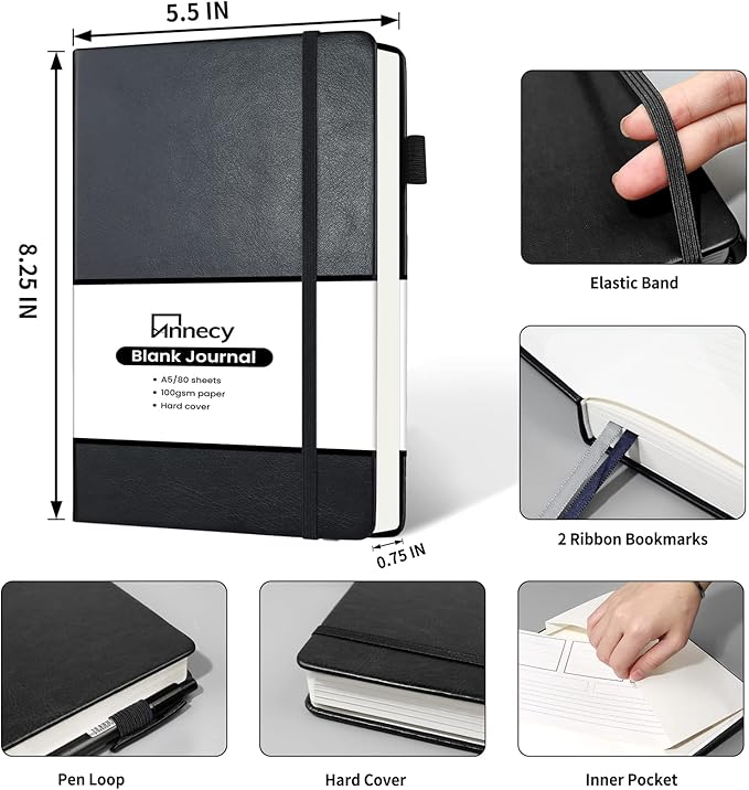 Annecy Blank Journal Notebook, Medium 5.5x 8.25, 160 Pages 100GSM Writing Paper, A5 Black Faux Leather Cover with Pen Loop