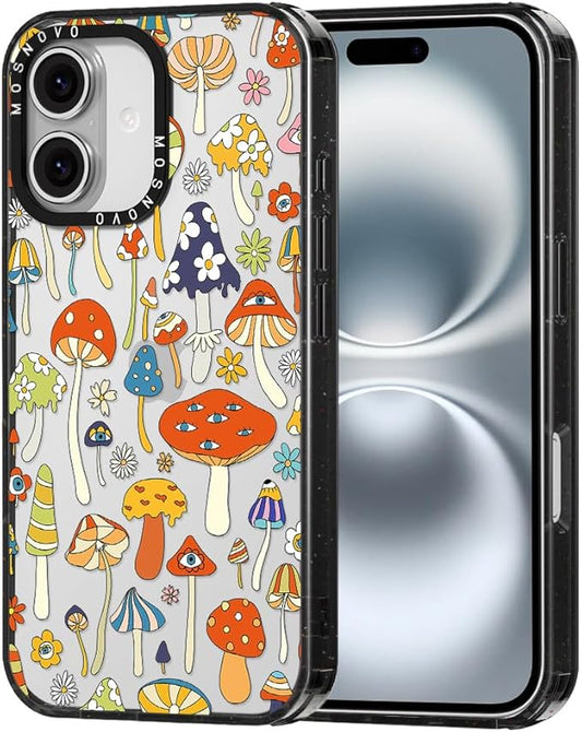 MOSNOVO Case for iPhone 16 Plus, [10ft 4X Military-Grade Drop Protection] Durable & Shockproof Phone Case Cover Design for iPhone 16 Plus - Mushroom Art - Clear Black