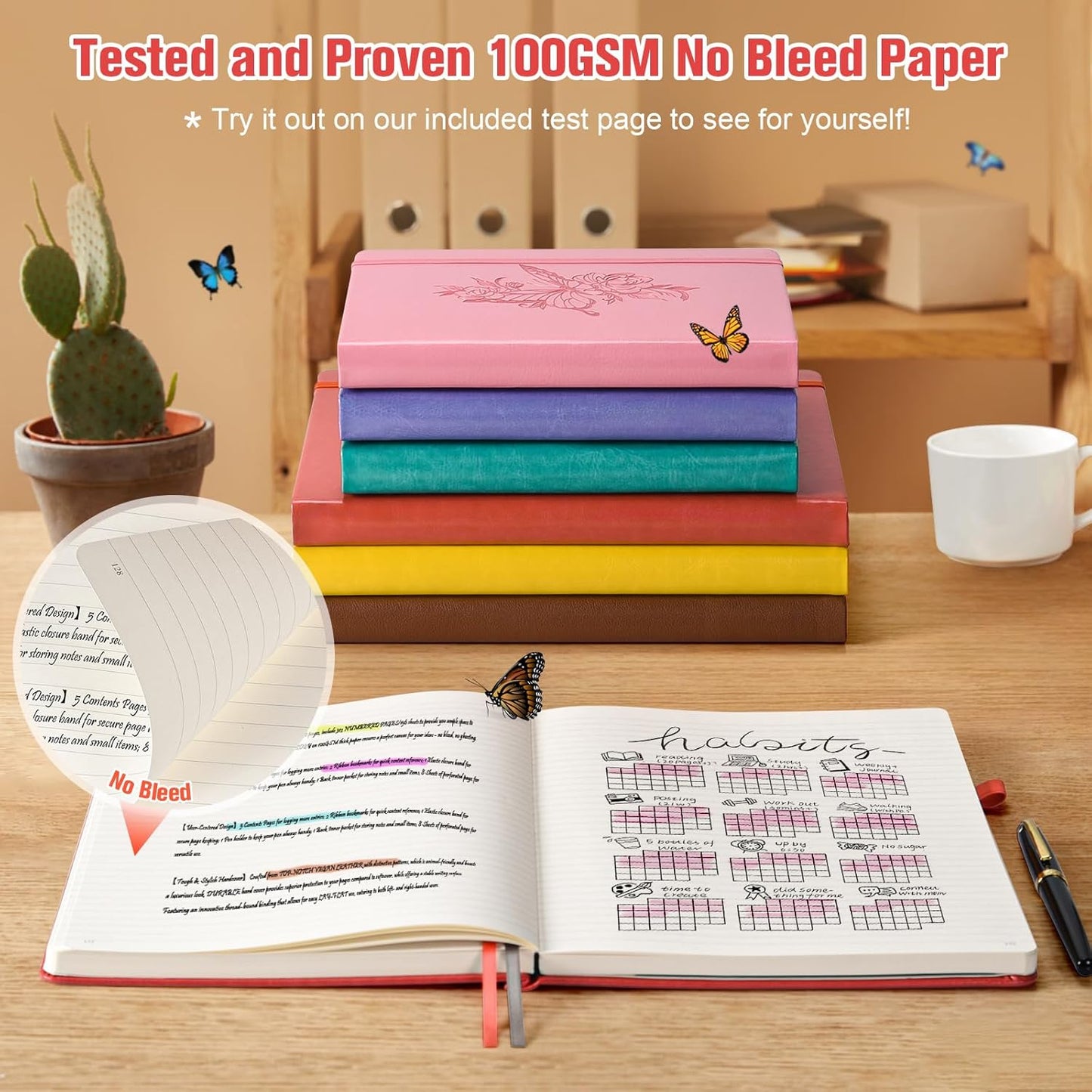 Lined Notebook Journal for Women, 312 Numbered Pages Large A4 Thick Leather Journals for Writing, Daily Notebooks for Work Travel, Hardcover College Ruled Notebook, Butterfly Aesthetic Notebook, Red