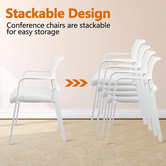 CLATINA Stacking Office Chairs | Mesh Back, Thicken Leather Seat and Arms, Ergonomic Lumber Support | Guest Reception, Waiting, Conference, School, Party, Customer, Side, Stationary | Set of 8, White
