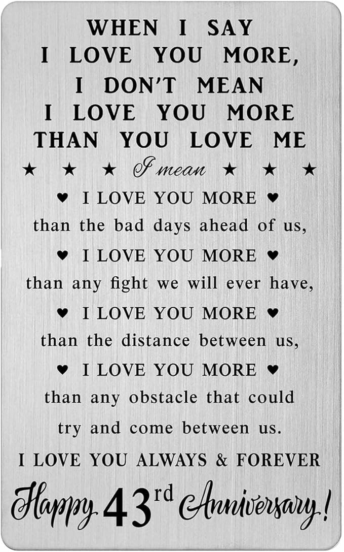 CPLJW 43rd 43 Year Anniversary Card Gifts for Him Her - Steel Card Gifts for Men - 43rd Wedding Anniversary Wallet Card Gifts