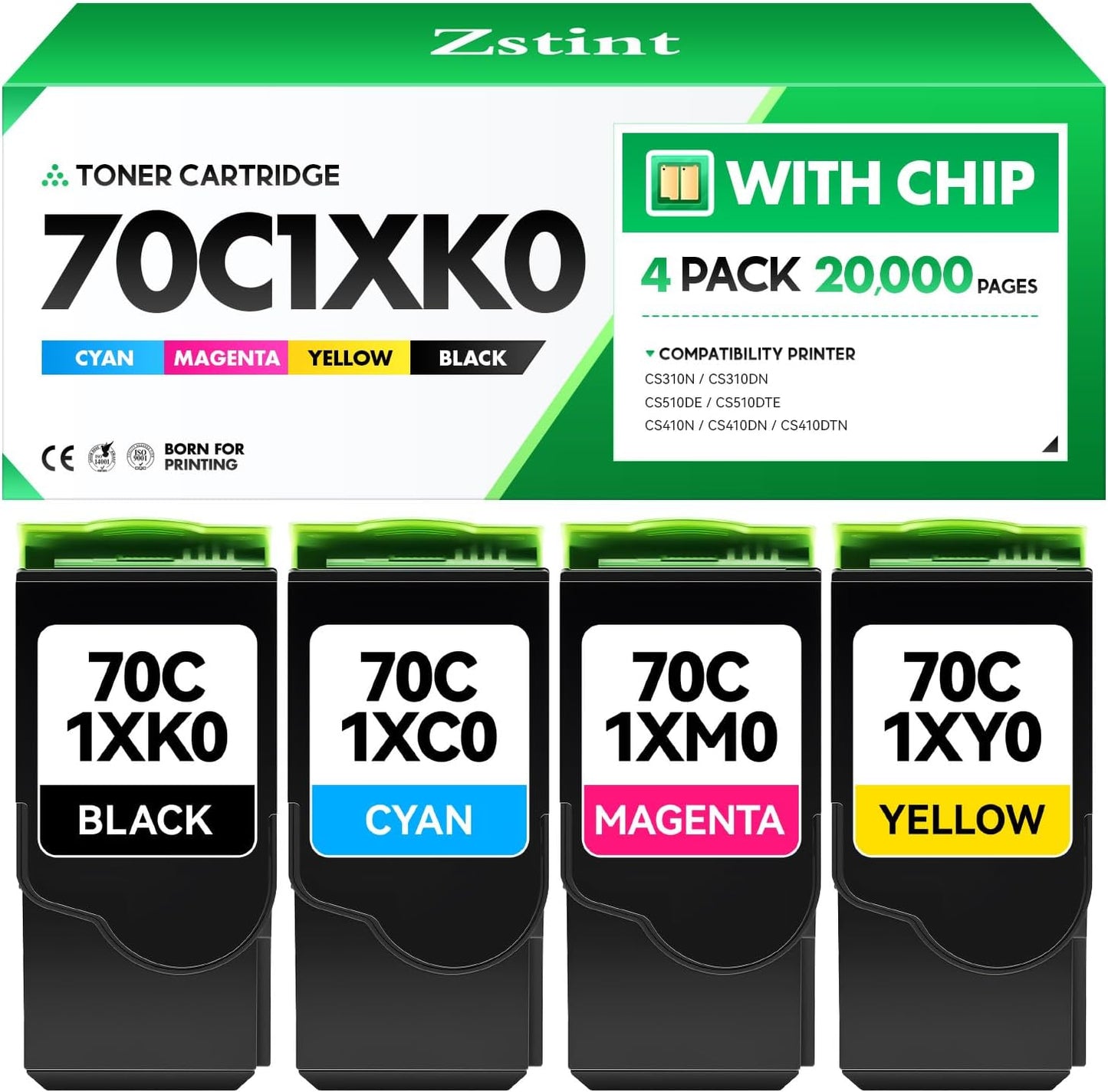 70C1XK0 70C1XC0 70C1XM0 70C1XY0 Toner Cartridge Set 4-Pack Black Cyan Magenta Yellow with chip Replacement Compatible for Lexmark CS310N CS310DN CS510DE CS510DTE CS410N CS410DN CS410DTN Laser Printer