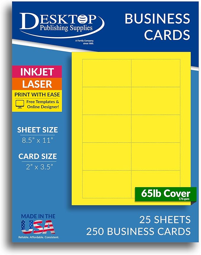 Colored Business Cards - 25 Sheets / 250 Business Cards - Inkjet & Laser - 10 per sheet (Bright Yellow)