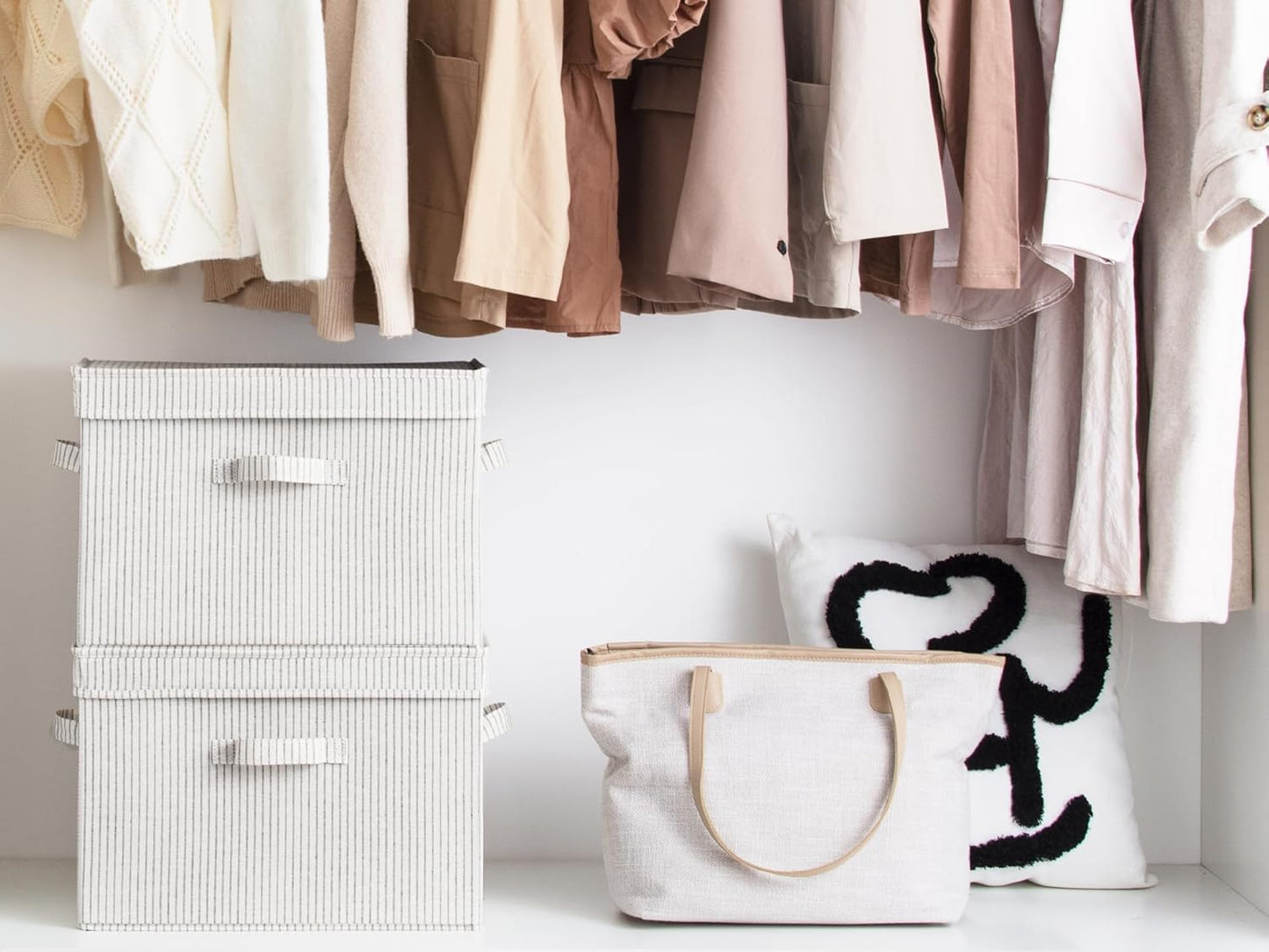 StorageWorks Fabric Storage Bins with Lid, Decorative Storage Boxes for Shelves, Stackable Closet Organizer Basket with Handles, Jumbo, Gray and White Stripes, 2-Pack