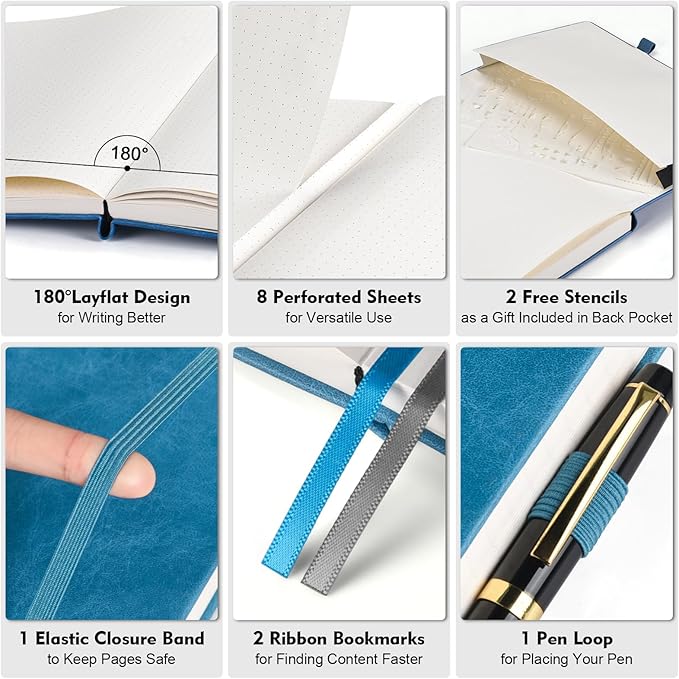 Bullet Dotted Journal Notebook, A5 Hardcover Dot Journal, 312 Numbered Pages Leather Journal, 100gsm No Bleed Paper Dot Grid Notebook with Index Pages for Women Men, 5.75" x 8.38", Blue