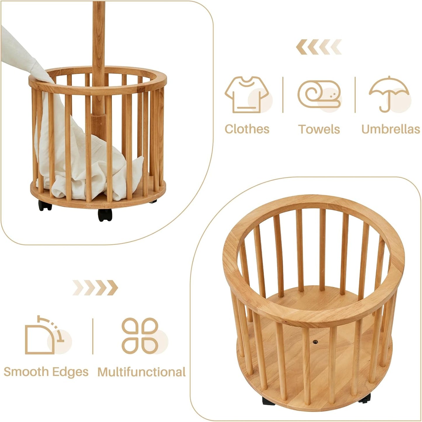 Uniclinens Solid Wood Coat Rack Freestanding with Umbrella Holder, Tree Coat Rack Stand with Lockable Universal Casters & 12 Hooks for Entryway Bedroom, Natural