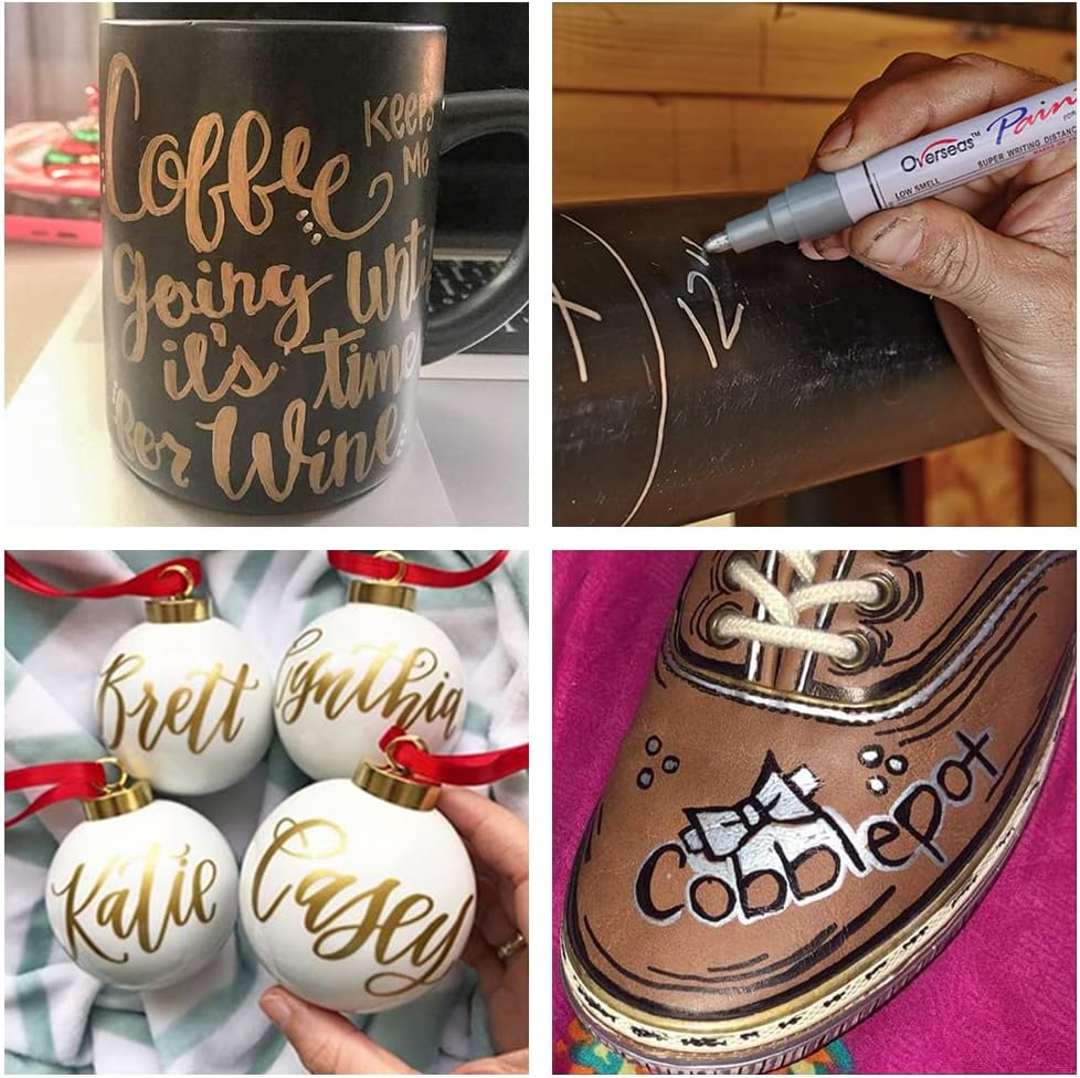 Overseas Gold and Silver Paint Pens - 6 Pack Oil Based Metallic Permanent Markers, Medium Tip, Quick Dry and Waterproof Paint Markers for Rock, Wood, Metal, Plastic, Canvas, Glass, Ceramics, Rubber