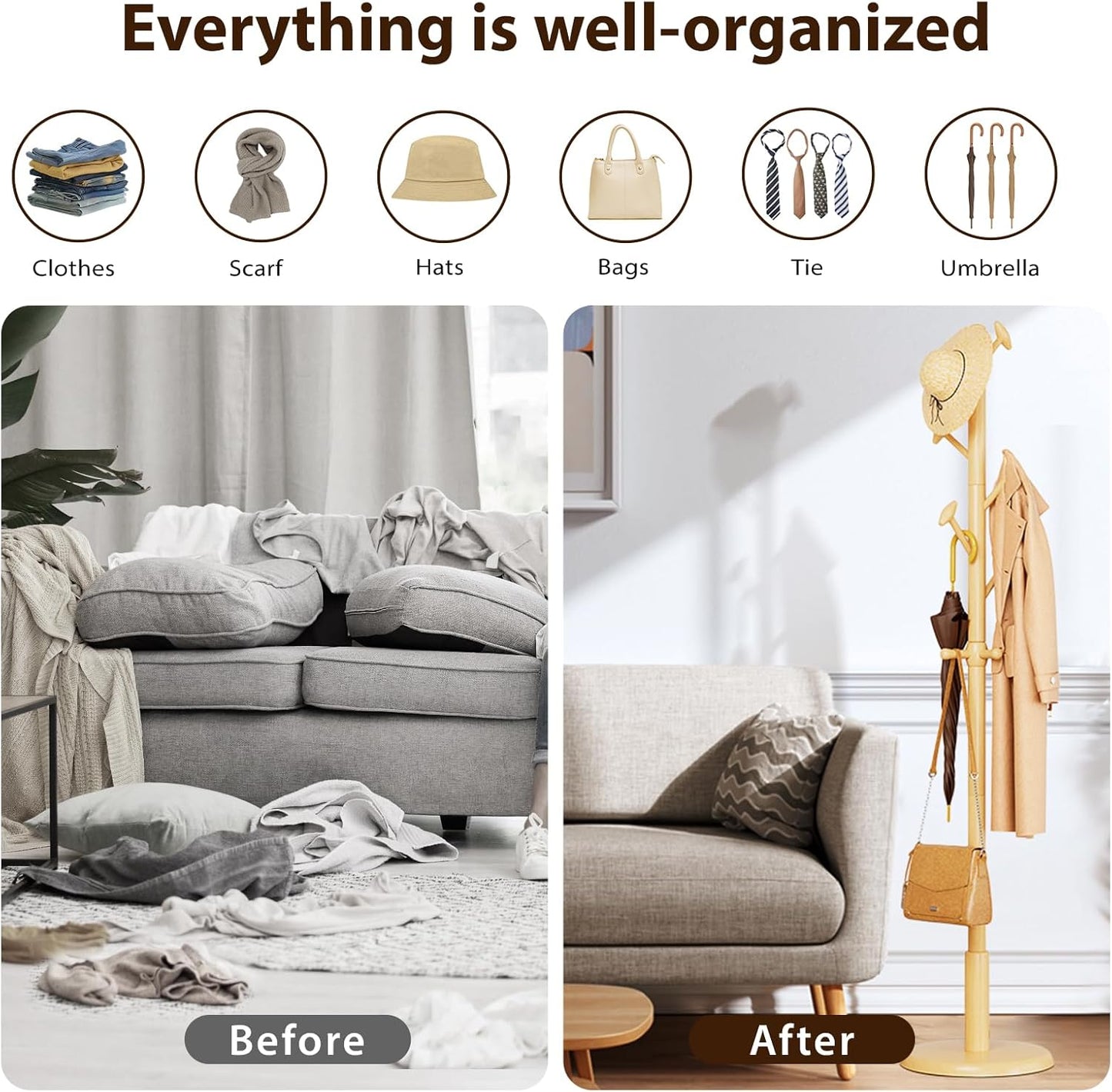 Solid Wood Coat Rack Freestanding Coat Tree with 10 Hooks for Bedroom, Livingroom, Entryway, Sturdy Coat Hanger Stand for Hats, Coats, Scarves, Handbags, Purses