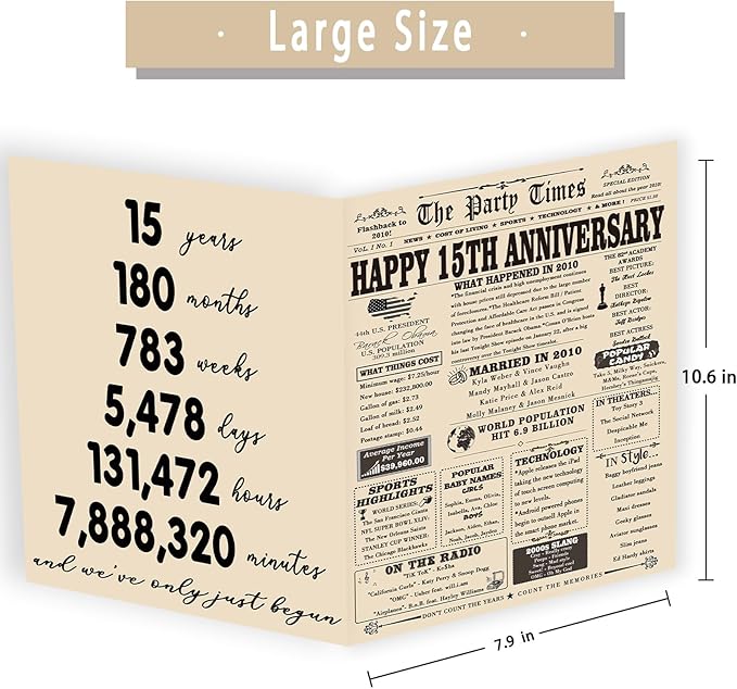 YiKaLus Big 15th Anniversary Card for Him Her, Happy 15 Year Wedding Anniversary Decoration Gift for Women Men, 15th Aday Gifts Card for Boyfriend Girlfriend