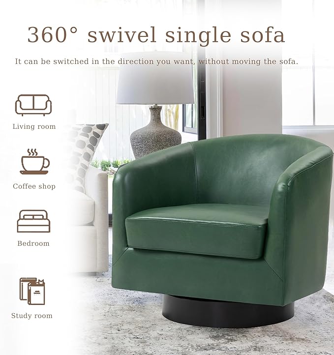 UIXE Faux Leather Swivel Accent Chairs Set of 2, Modern Upholstered Barrel Chairs for Living Room, Comfy Round Armchair Single Sofa Bedroom Reading Seat - 31" W, Green