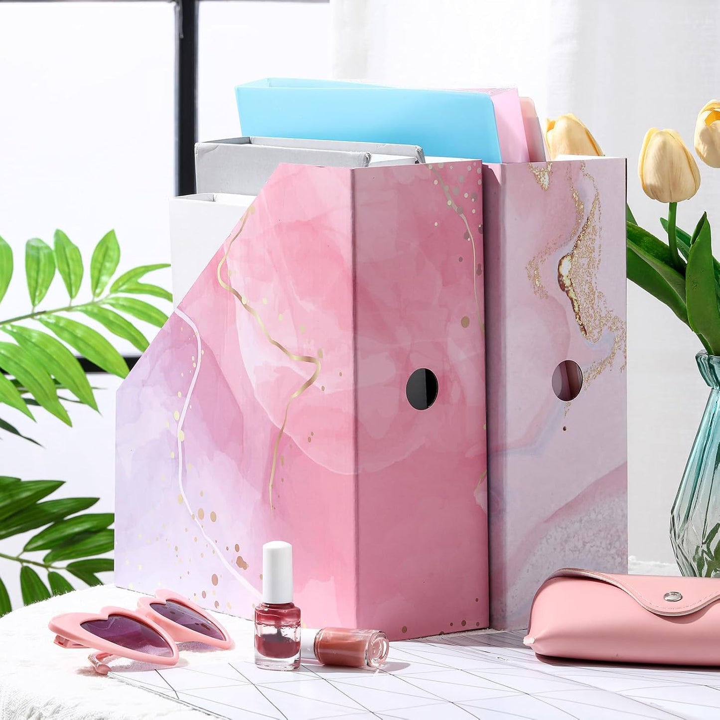 PerKoop 12 Pcs Magazine File Holder Foldable Decorative Cardboard File Folders 6 Patterns Floral Colored Magazine Rack with Printable Sticker Labels for School Office Home Desk (Marble)