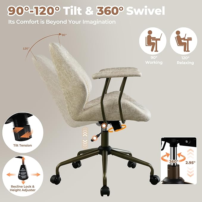 ovios Ergonomic Home Office Chair, Mid-Century Modern Faux Leather Chairs with Padded Armrests, Comfy Mid Back Swivel Rolling Executive Computer Armchair (Beige, Suede Leather)